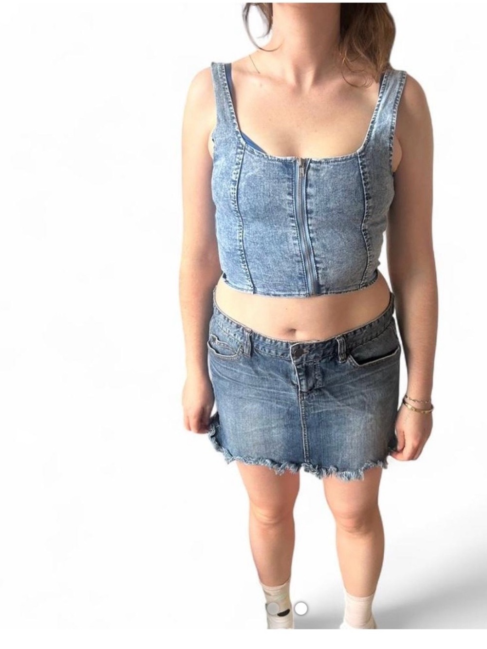 Vintage Light Blue Denim Zip Crop Top